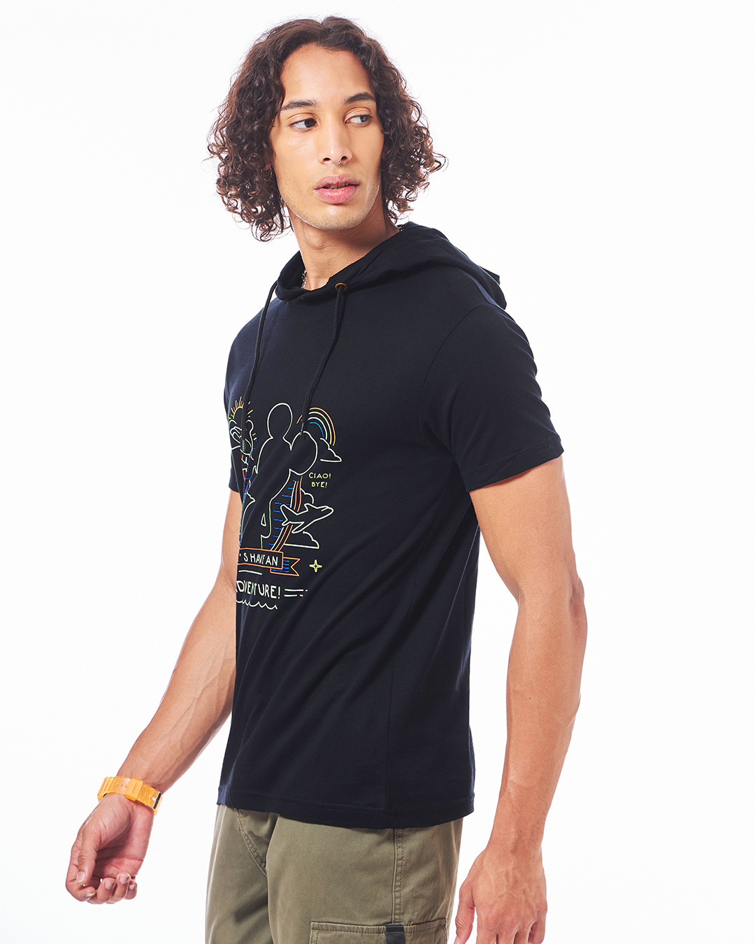 Shop Men's Black Adventure Mickey Graphic Printed Hoodie T-shirt-Back