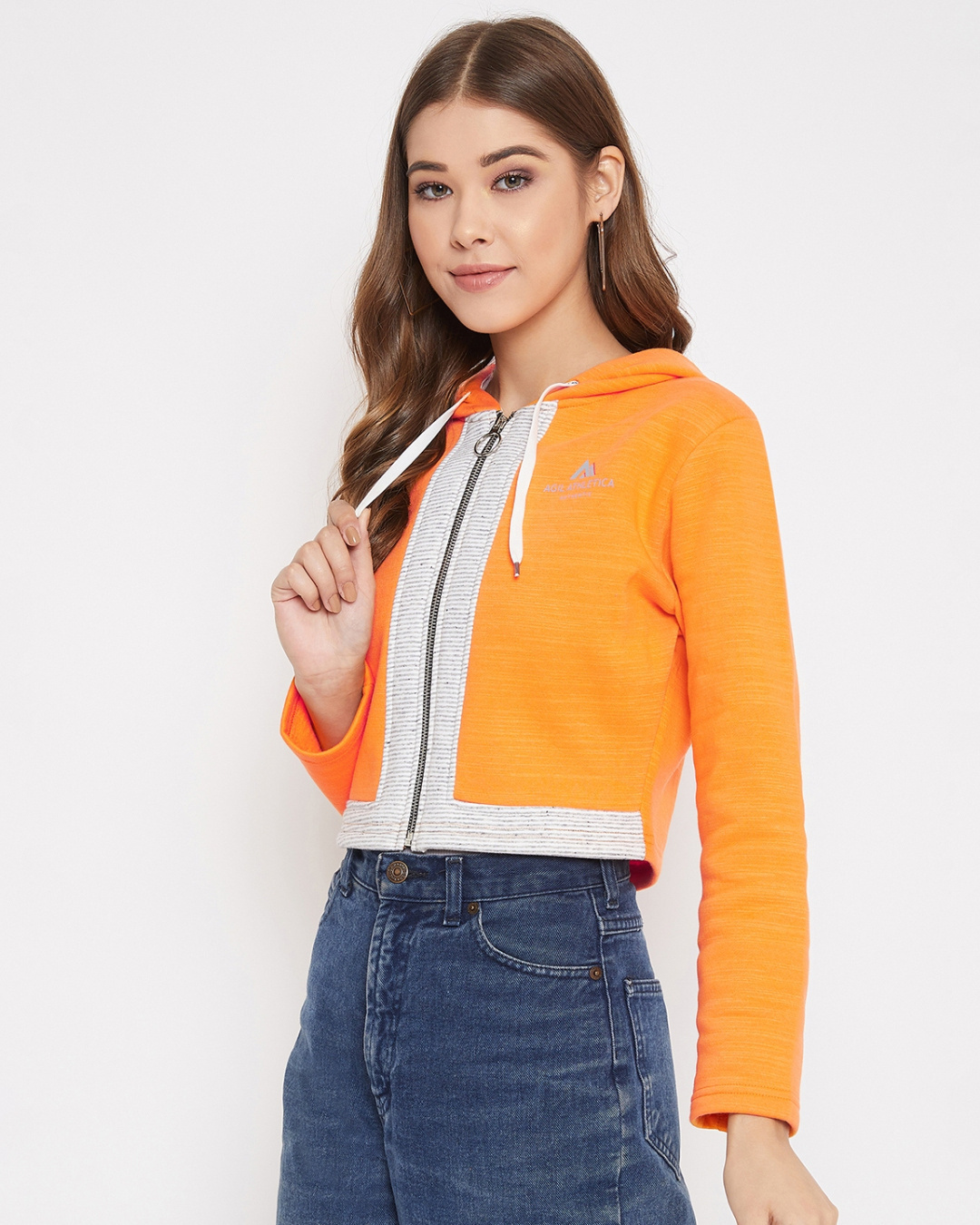 Shop Women's Orange Regular Fit Crop Hoodie-Back
