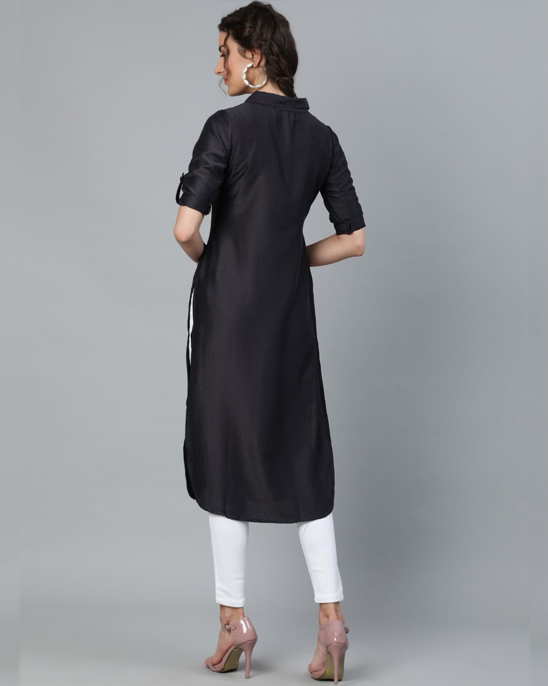 Shop Black Chinnon Silk Self Design Pathani Kurta-Back
