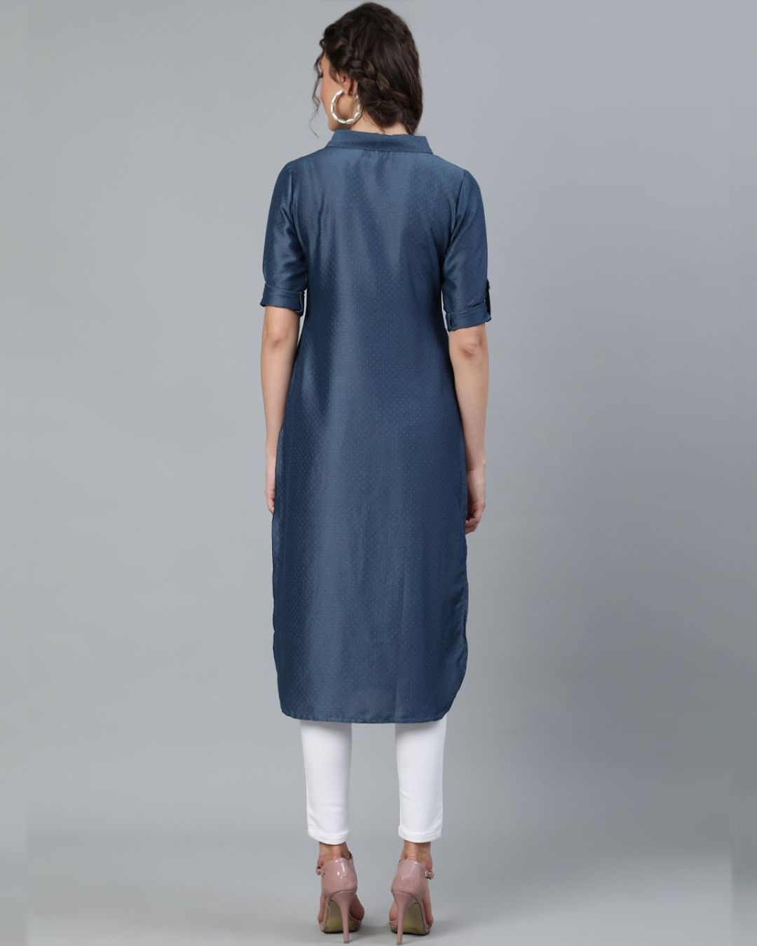 Shop Blue Chinnon Silk Self Design Pathani Kurta-Back