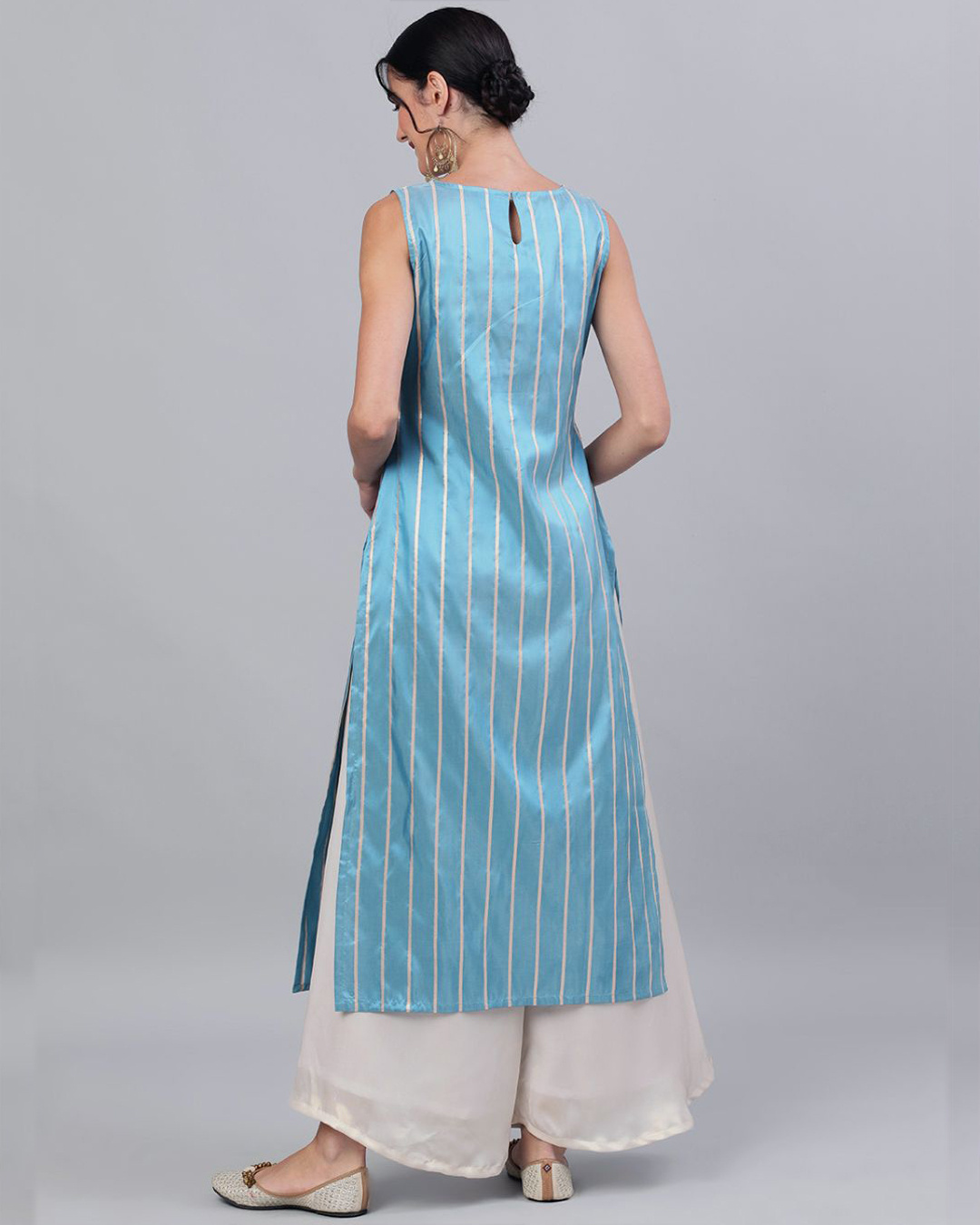 Shop Blue Gold Zari Stripes Woven Design Straight Kurta-Back