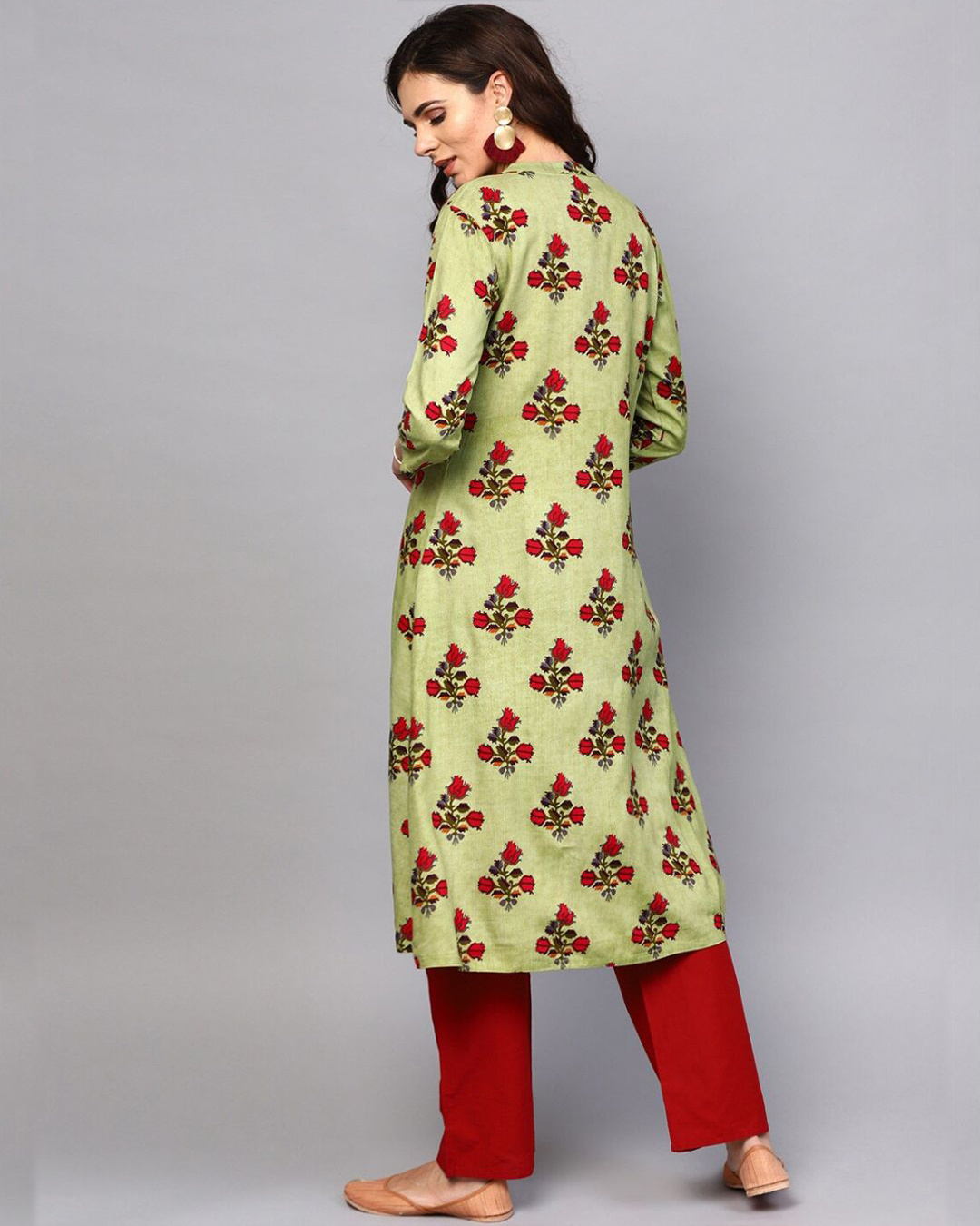Shop Green Floral Printed Double Layered A Line Kurta-Back