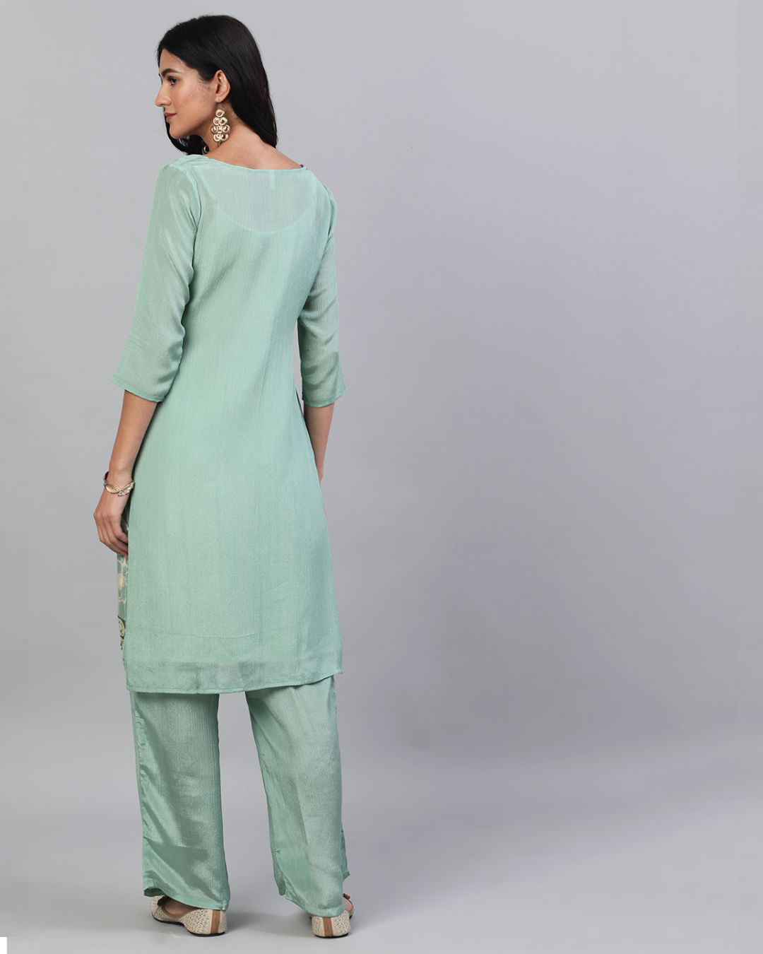 Shop Green Gold Printed Straight Kurta With Palazzo Set-Back