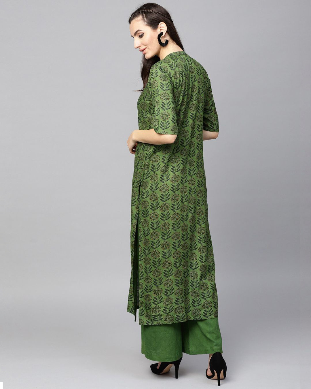 Shop Green Printed Button Down Kurta With Solid Palazzo Set-Back