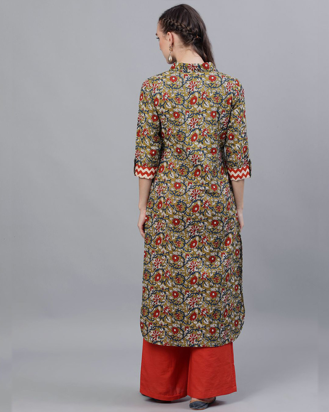 Shop Green & Red Kalamkari Floral Printed Pathani Kurta-Back