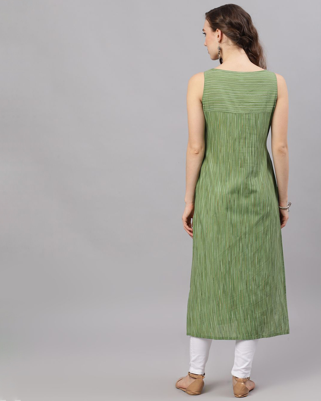 Shop Green Woven Design Straight Kurta-Back