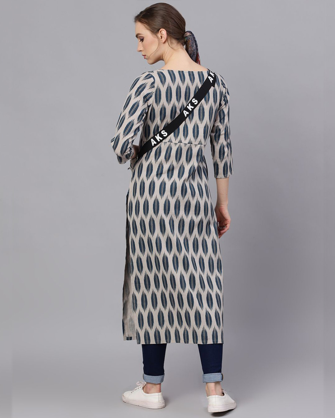 Shop Grey & Blue Ikat Printed Straight Kurta With Pouch-Back