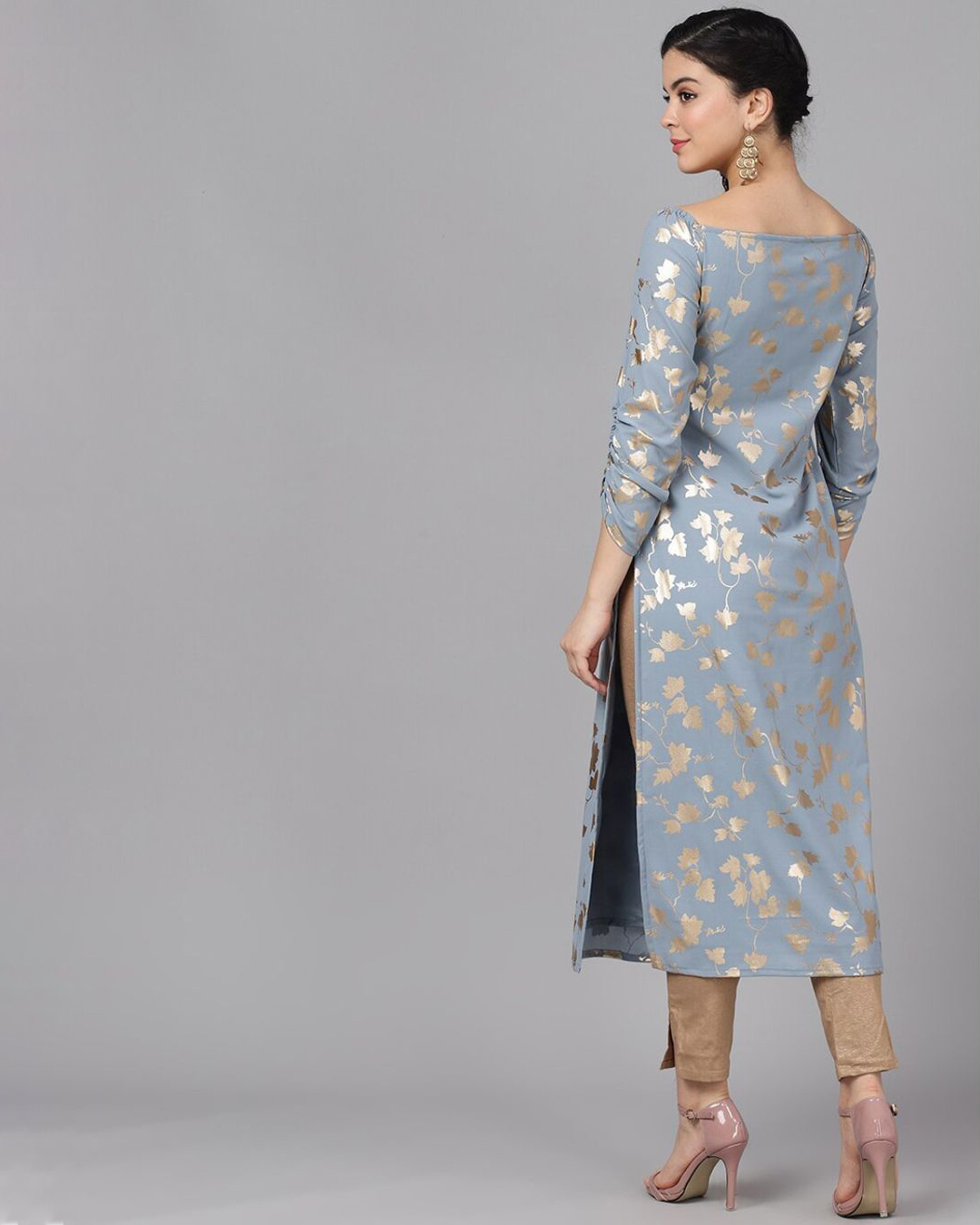 Shop Grey Foil Printed Straight Kurta-Back