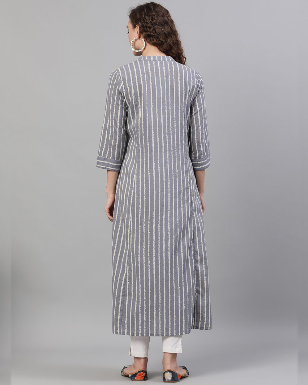 Shop Grey & White Striped Printed Button Down Kurta-Back