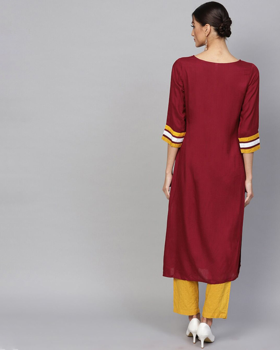 Shop Maroon & Yellow Embroidered Straight Kurta-Back