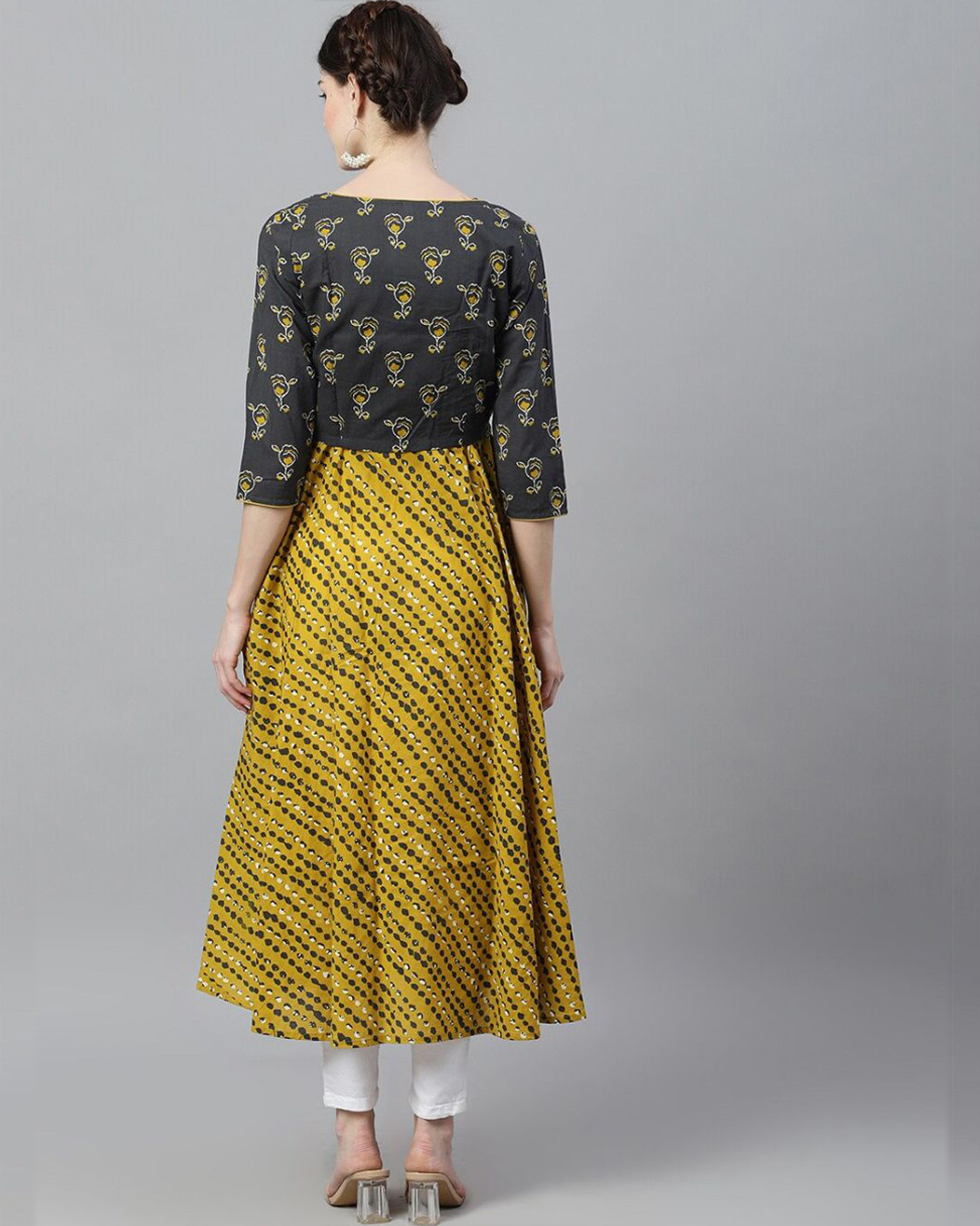Shop Mustard & Grey Printed Anarkali With Koti-Back