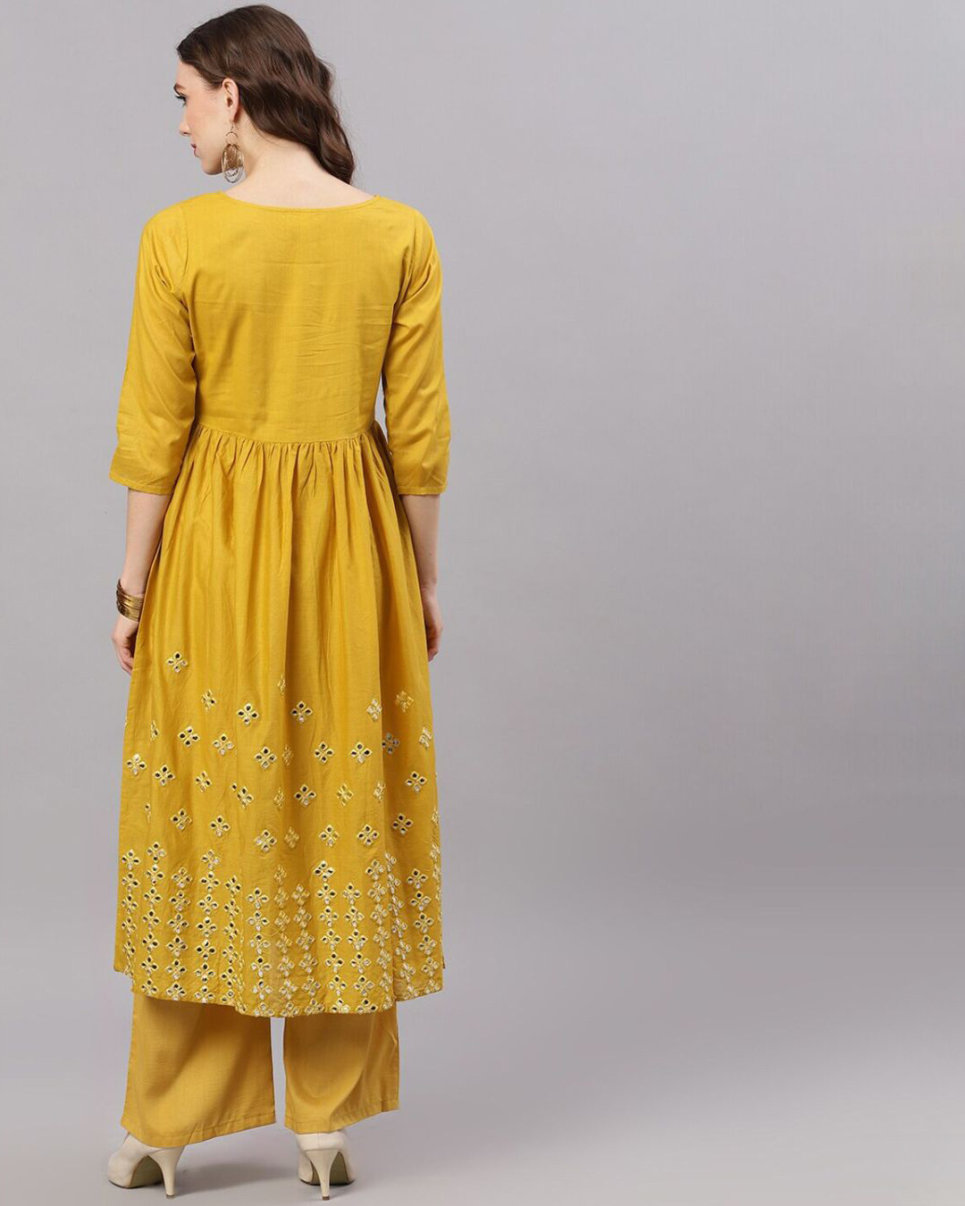 Shop Mustard Mirror Work Pleated Kurta-Back