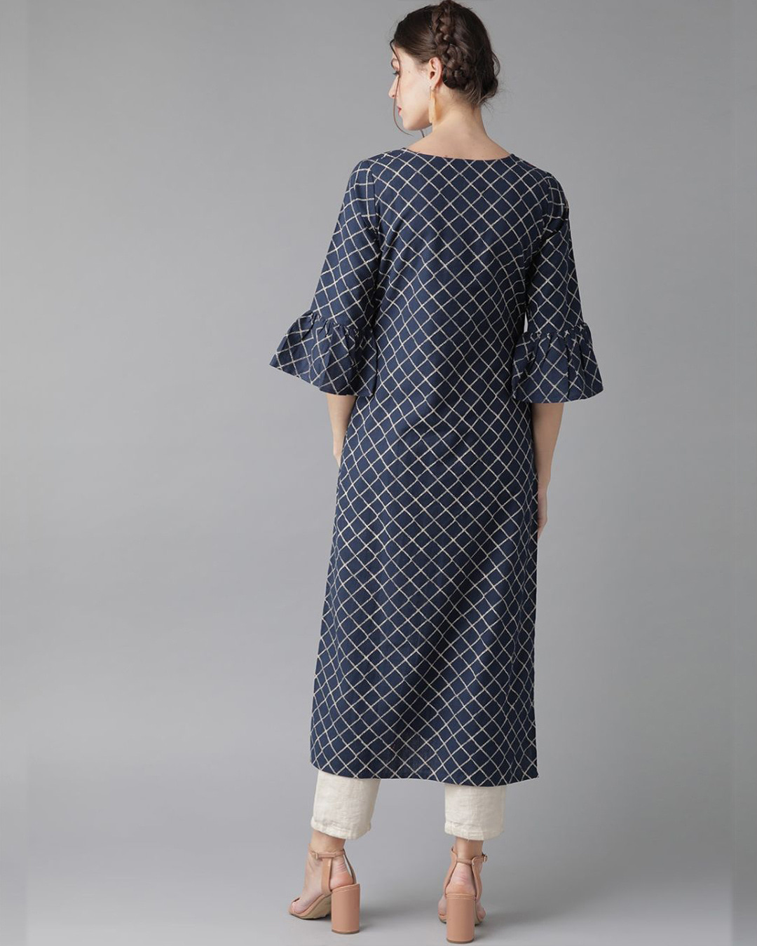 Shop Navy Blue Checks Straight Kurta-Back