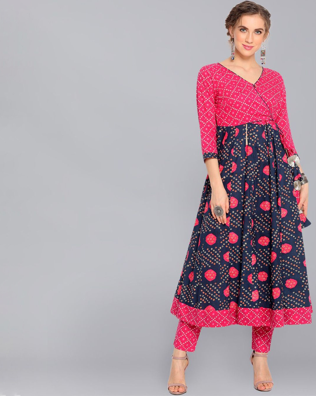 Buy Aks Navy Blue And Pink Bandhani Printed Angrakha Style Anarkali For