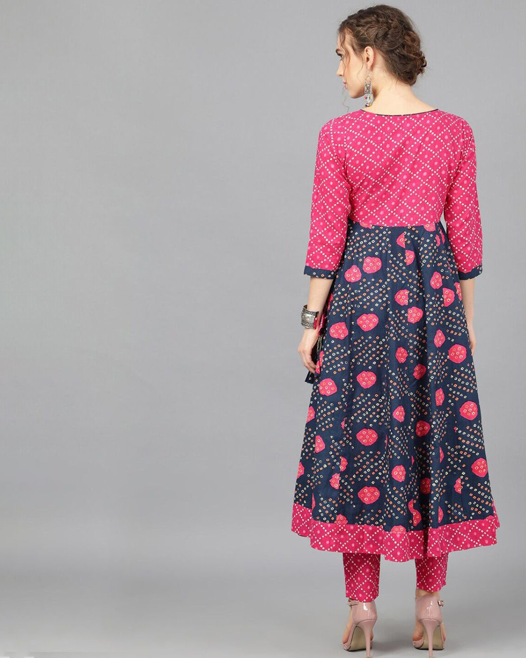 Shop Navy Blue & Pink Bandhani Printed Angrakha Style Anarkali-Back