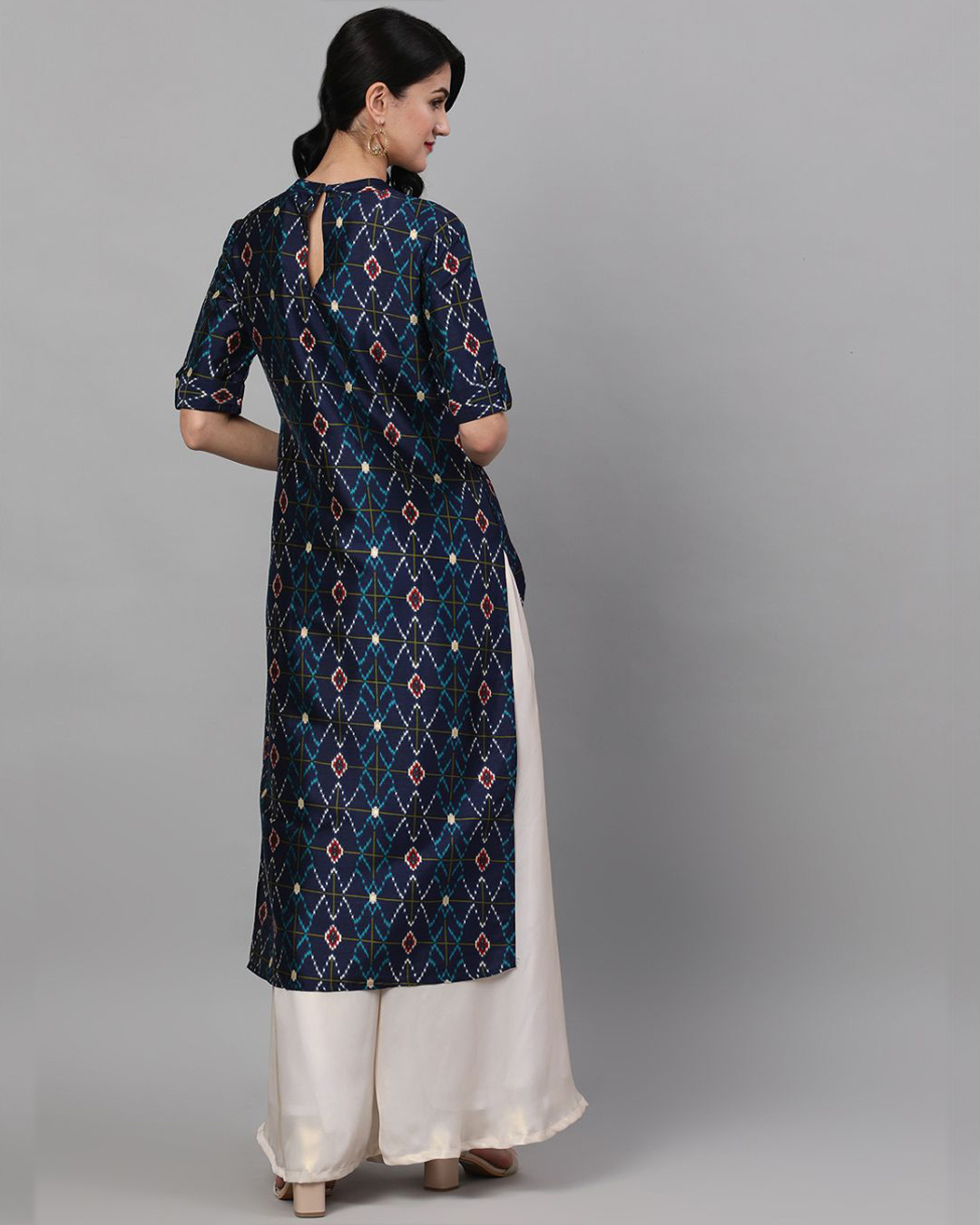 Shop Navy Blue Printed Straight Kurta-Back