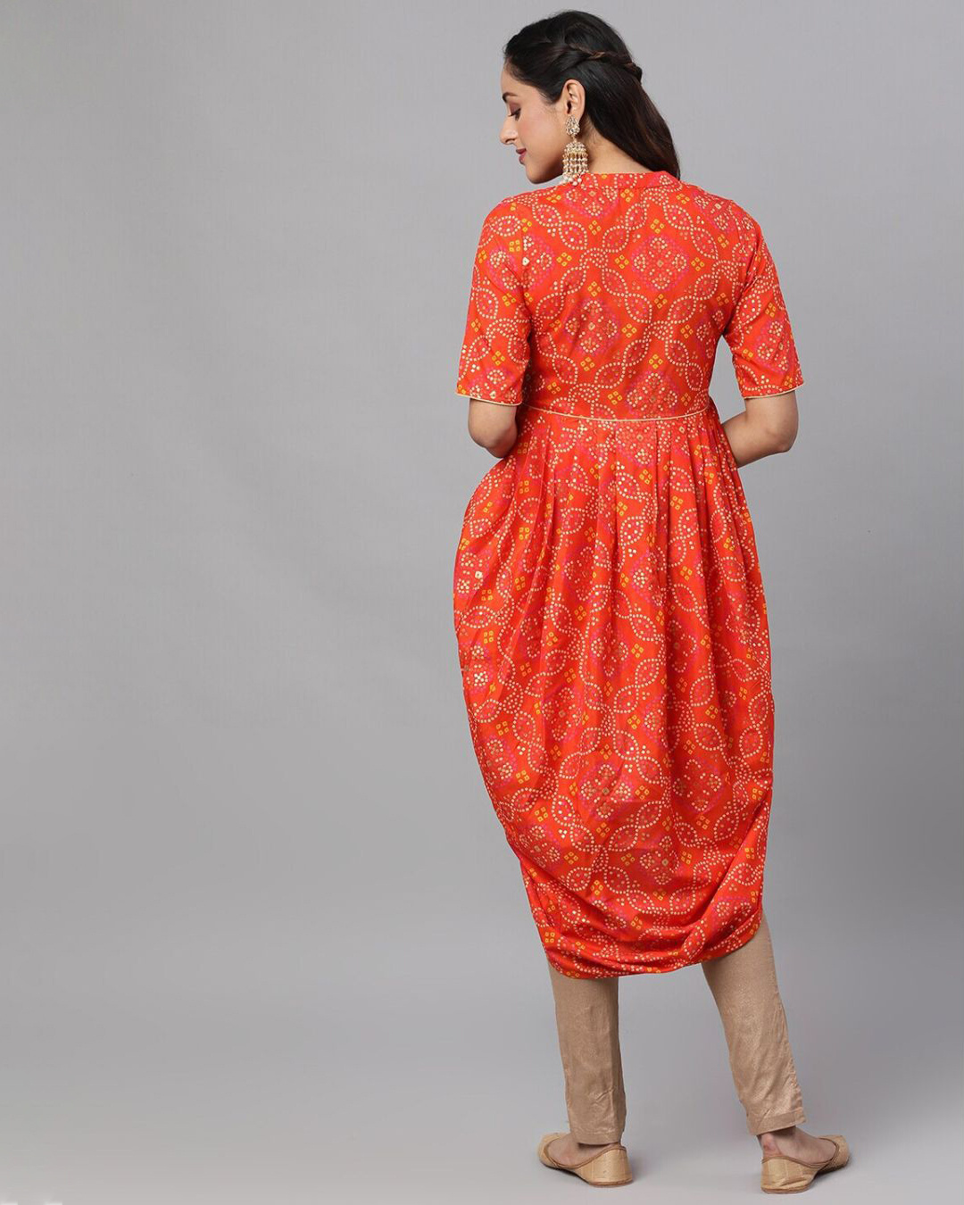 Shop Orange & Gold Bandhani Printed Dhoti Design Kurta-Back