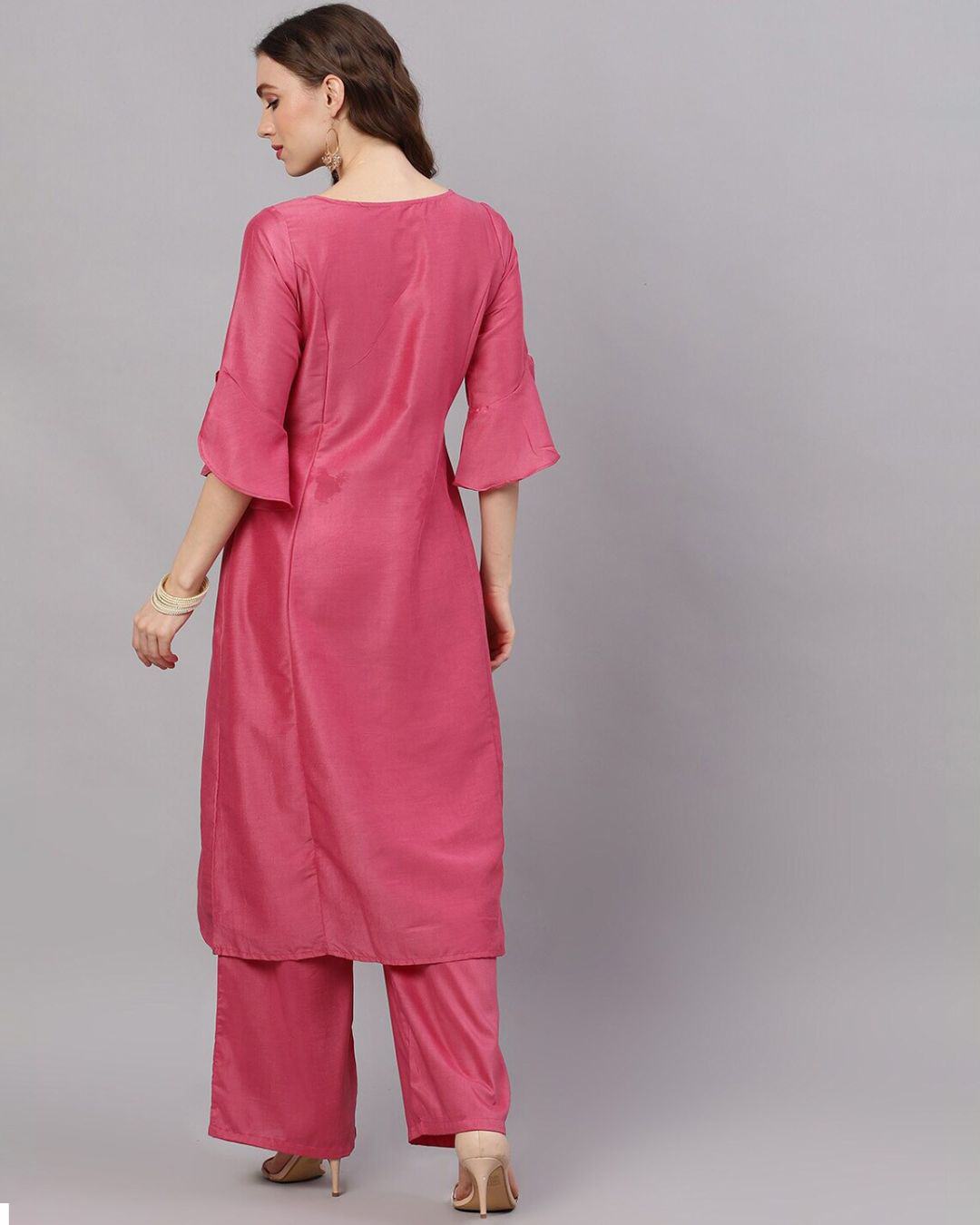 Shop Pink Chinnon Sequence Work A Line Kurta With Palazzo-Back