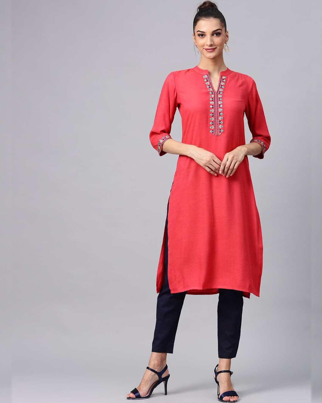 Buy AKS Pink Embroidered Yoke Design Shemrey Straight Kurta Online at ...