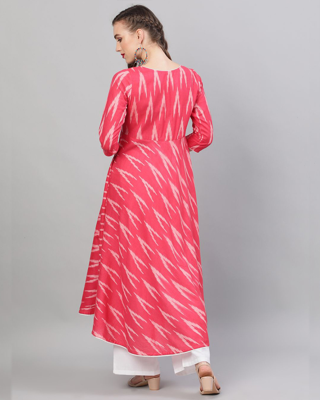 Shop Pink & White Ikat Handloom Woven Design Anarkali-Back