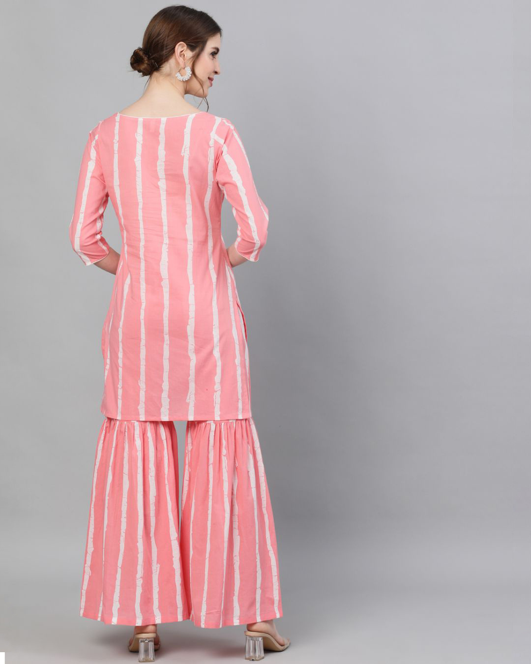 Shop Pink & White Striped Printed Kurta With Sharara Set-Back