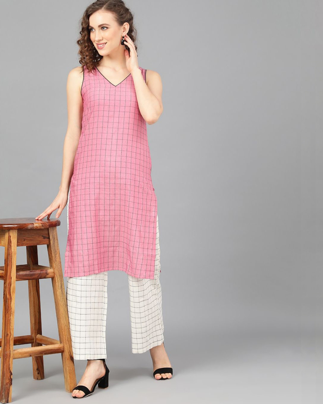 Shop Pink Woven Design Kurta With White Palazzo-Front