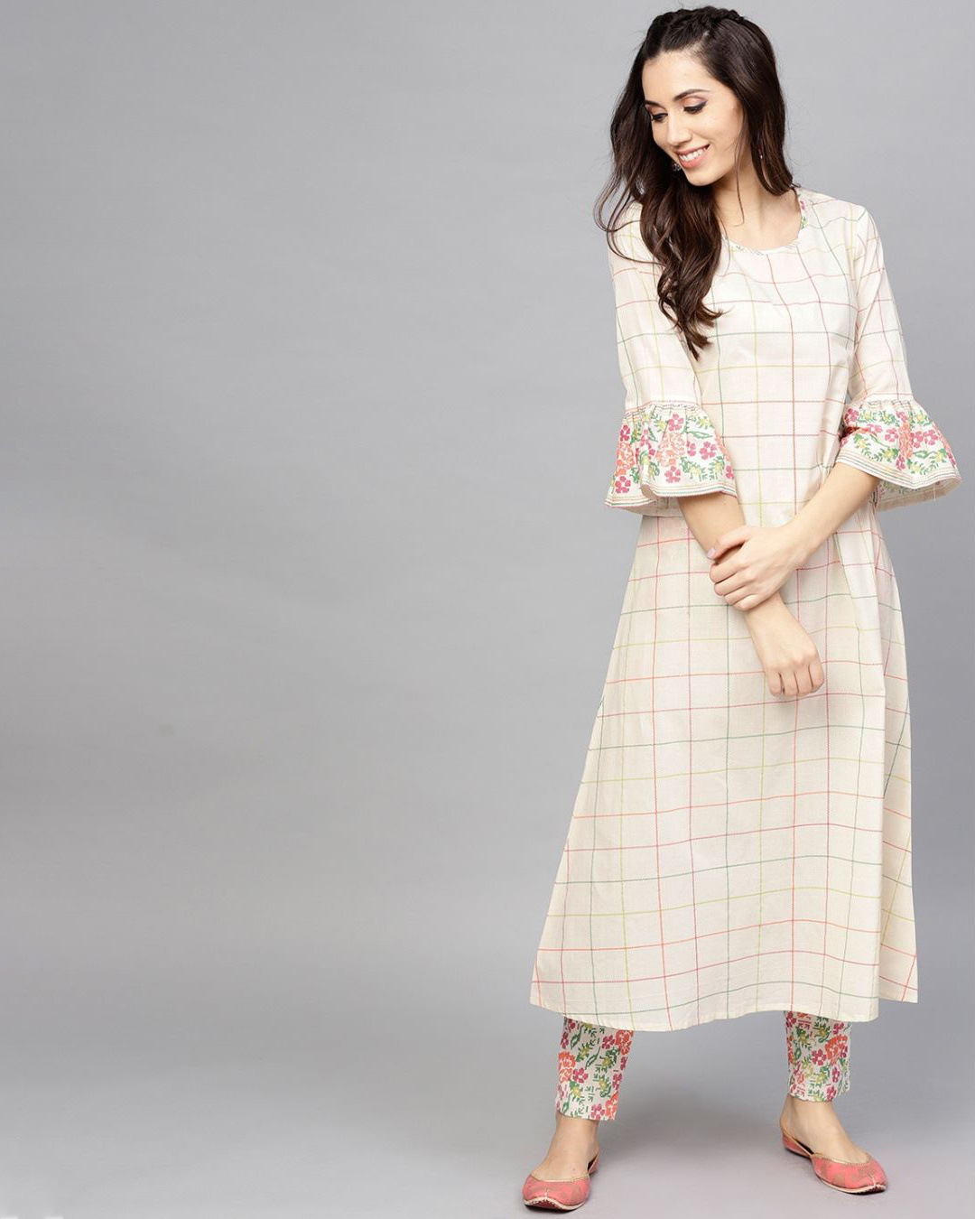 Buy AKS White Checked Printed ALine Kurta With ruffle Sleeve Online at