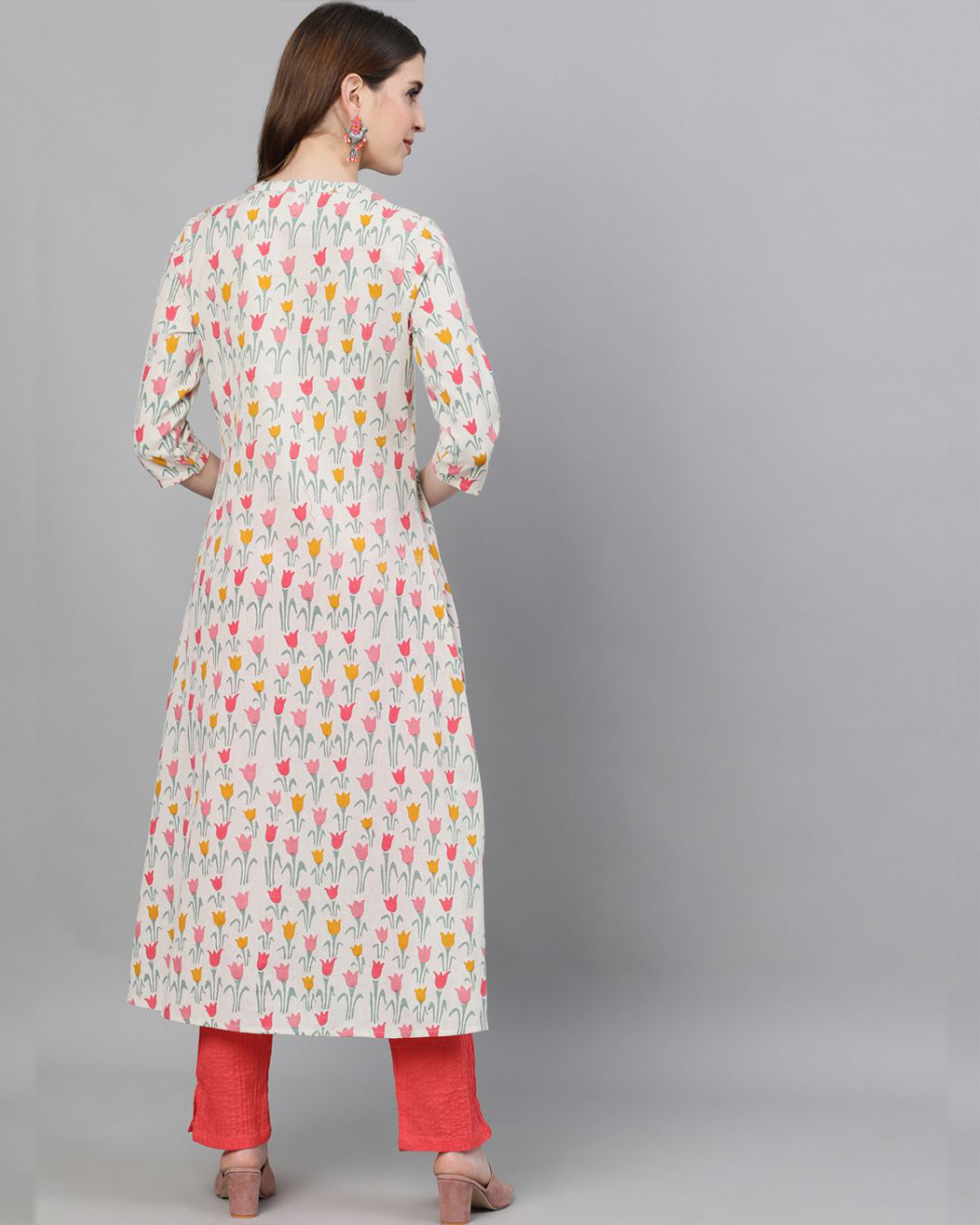 Shop White & Red Floral Printed A Line Kurta-Back