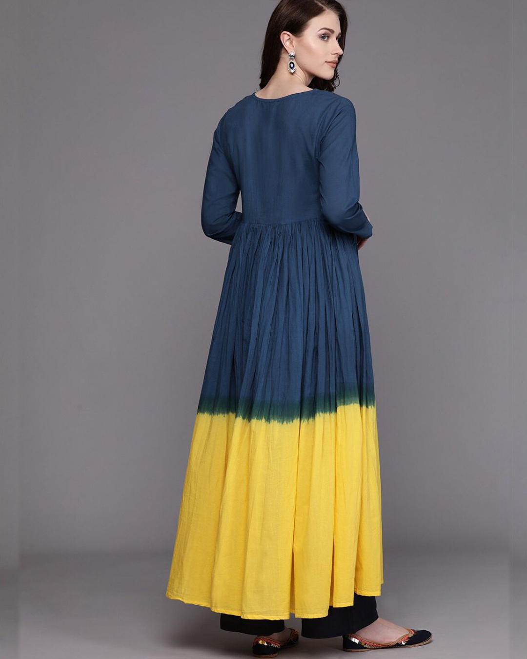 Shop Women Navy Blue & Yellow Dyed Anarkali Kurta-Back