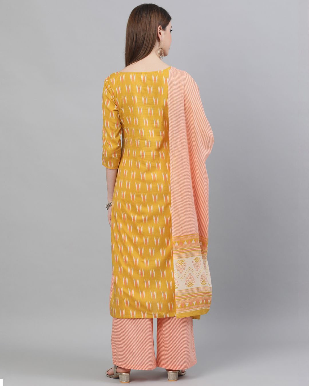 Shop Yellow & Peach Ikat Printed Straight Kurta With Palazzo & Dupatta Set-Back