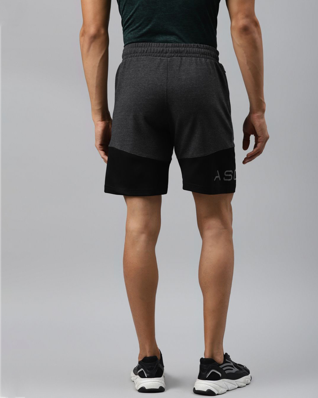 Shop Men Black Charcoal Grey Colourblocked Slim Fit Sports Shorts-Back