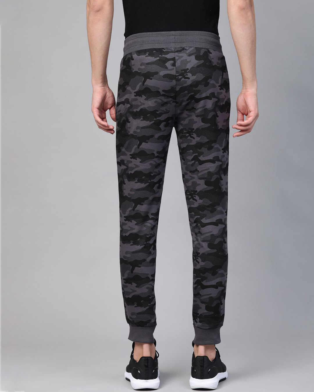 Shop Men Black Charcoal Grey Straight Fit Camouflage Printed Joggers-Back