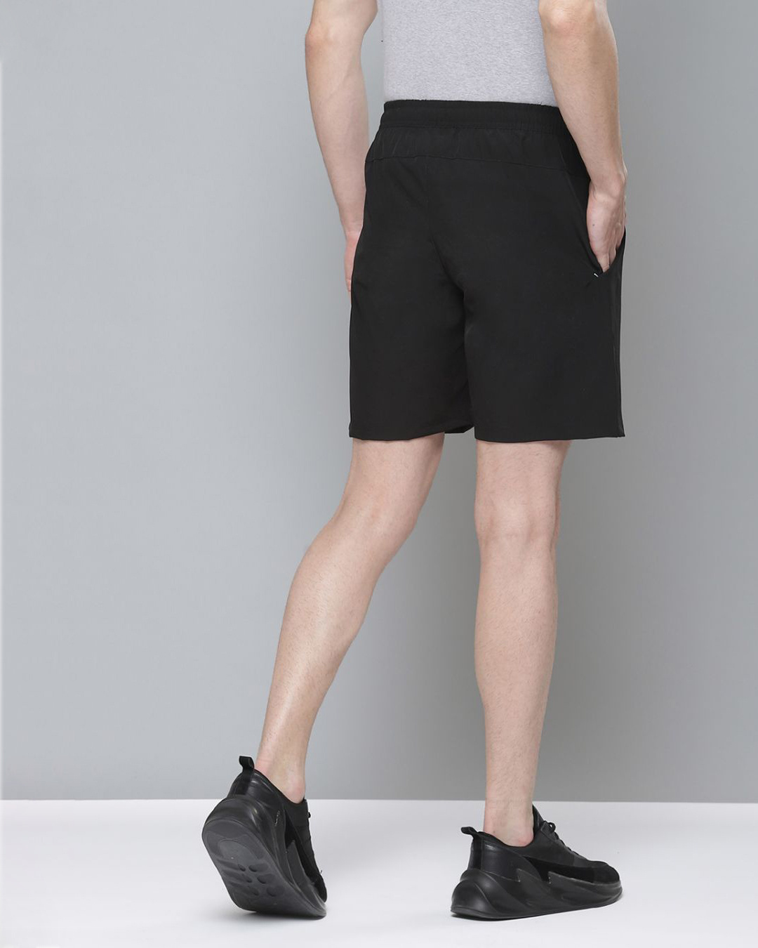Shop Men Black Solid Slim Fit Sports Shorts-Back