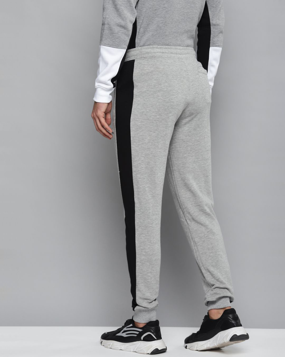 Shop Men Grey Melange Black Solid Slim Fit Joggers-Back
