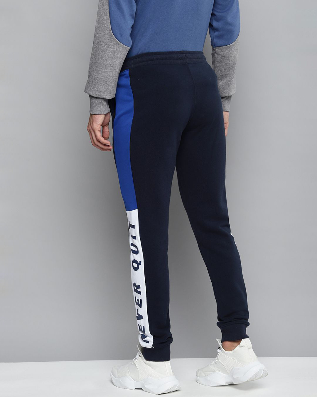 Shop Men Navy Blue Solid Slim Fit Joggers With Printed Detail-Back