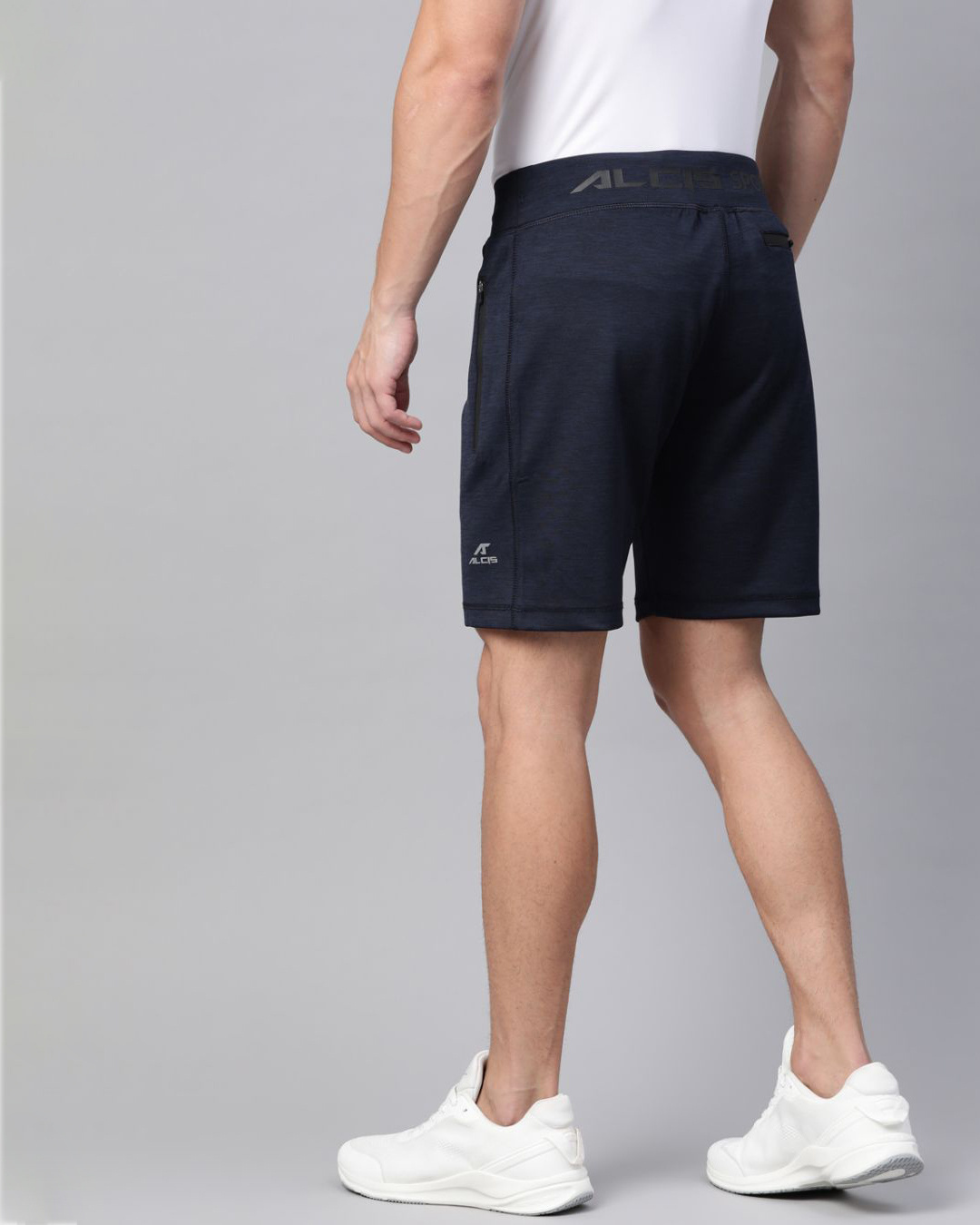 Shop Men Navy Blue Solid Slim Fit Sports Shorts-Back