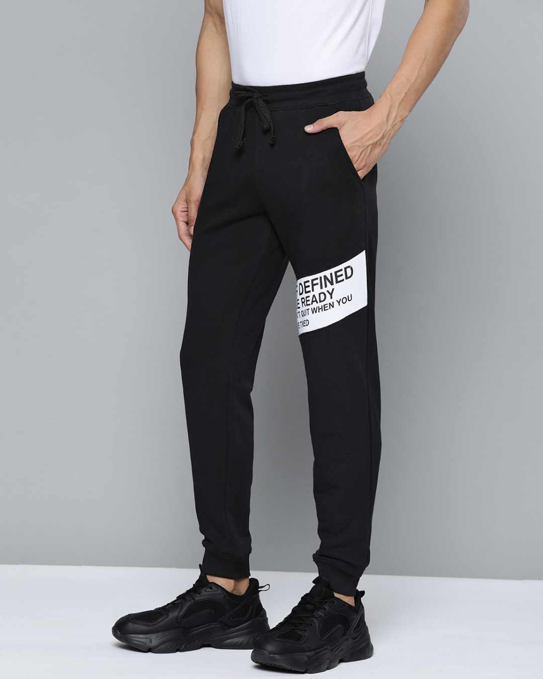 Shop Men's Black White Typography Printed Mid Rise Slim Fit Track Pants-Back