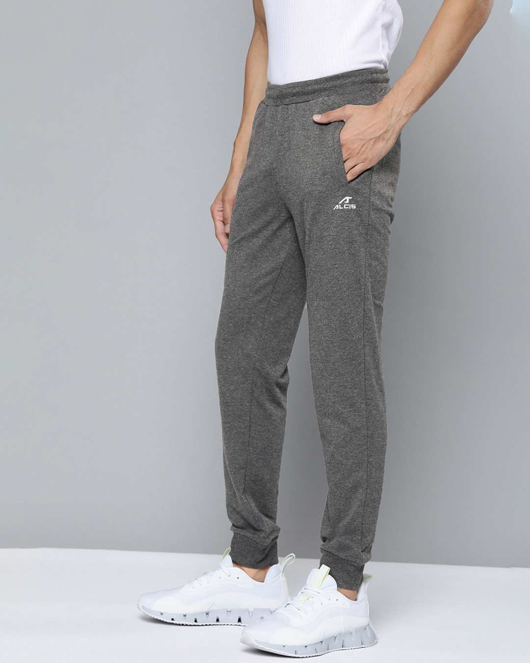 Shop Men's Charcaol Grey Melange Solid Mid Rise Slim Fit Track Pants-Back