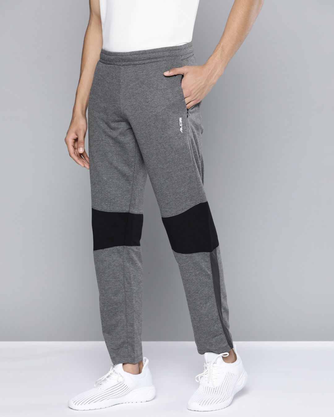 Shop Men's Charcoal Grey Black Colourblocked Mid Rise Slim Fit Track Pants-Back