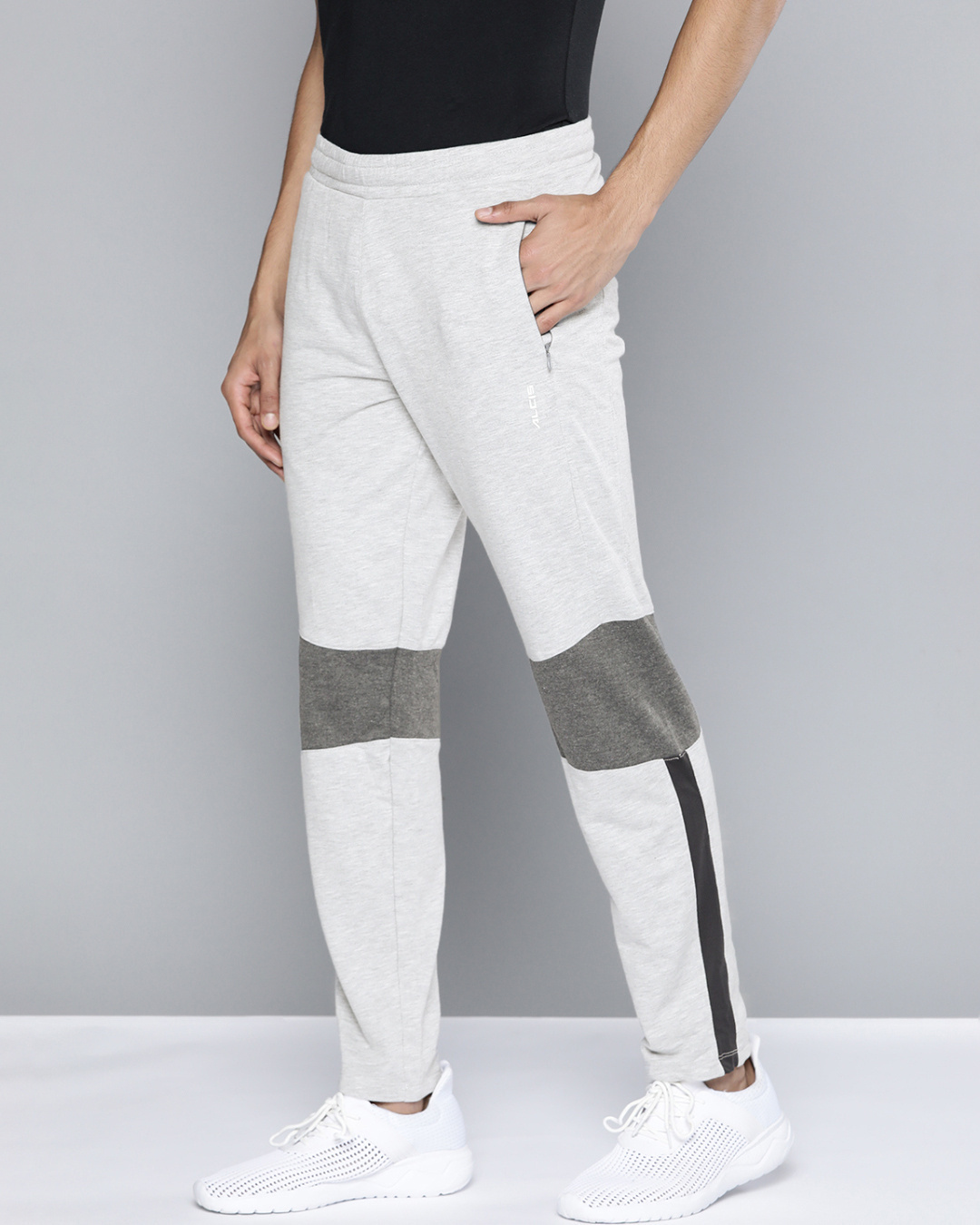 Shop Men's Grey Melange Colourblocked Mid Rise Slim Fit Track Pants-Back