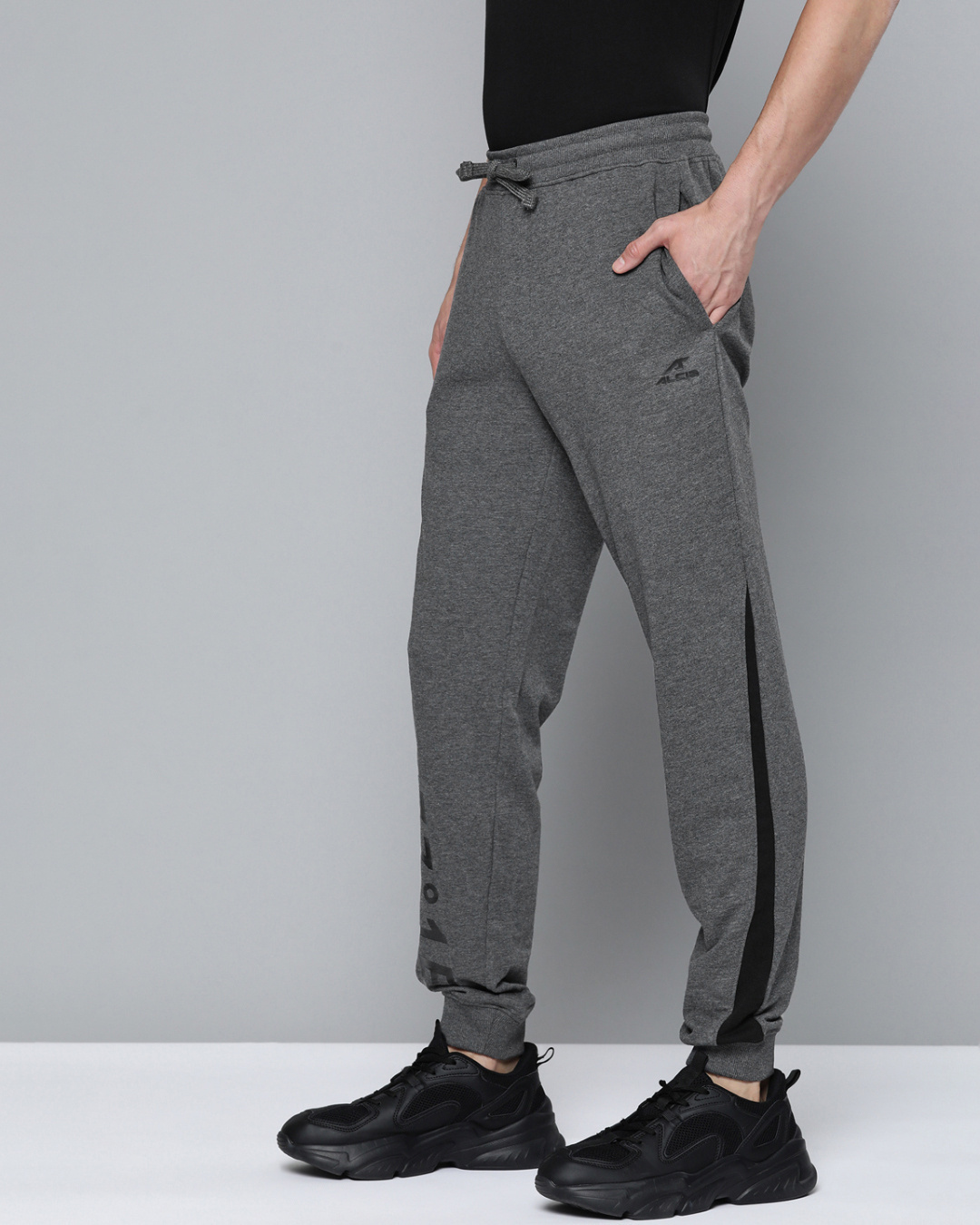 Shop Men's Grey Typography Printed Mid Rise Slim Fit Track Pants-Back