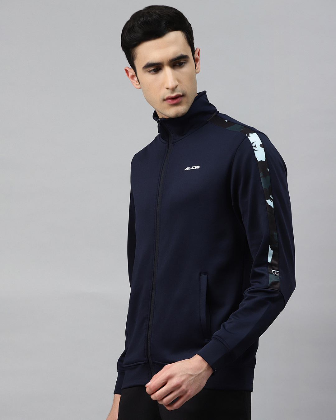 Shop Men's Navy Blue Printed Front Open Slim Fit Sweatshirt-Back