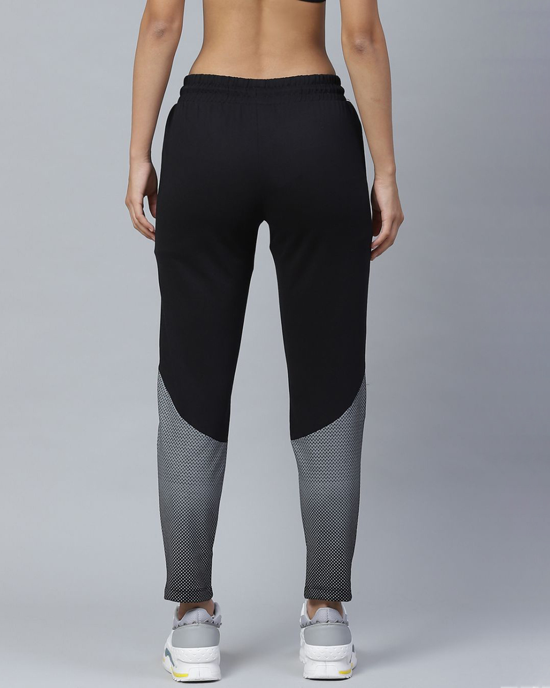 Shop Women Black & Grey Geometric Print Slim Fit Track Pants-Back