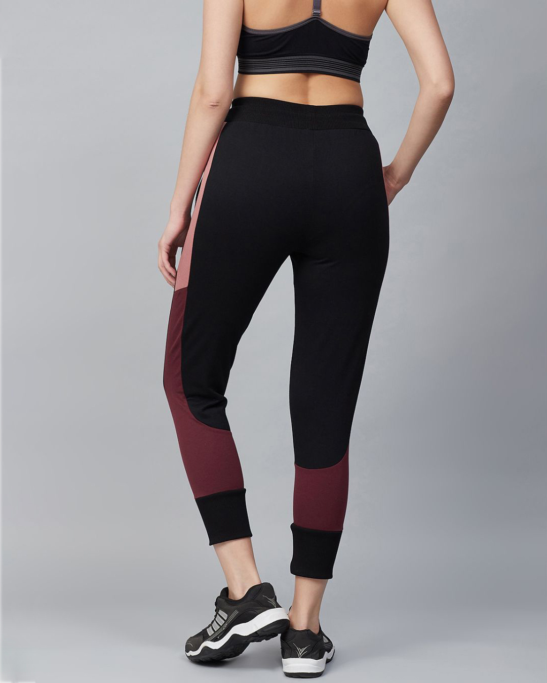 Shop Women Black Slim Fit Colourblocked Cropped Joggers-Back