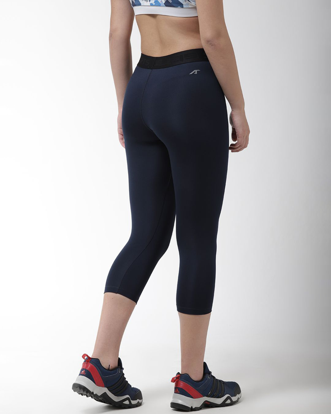 Shop Women Navy Blue Solid 3/4th Compression Training Tights-Back