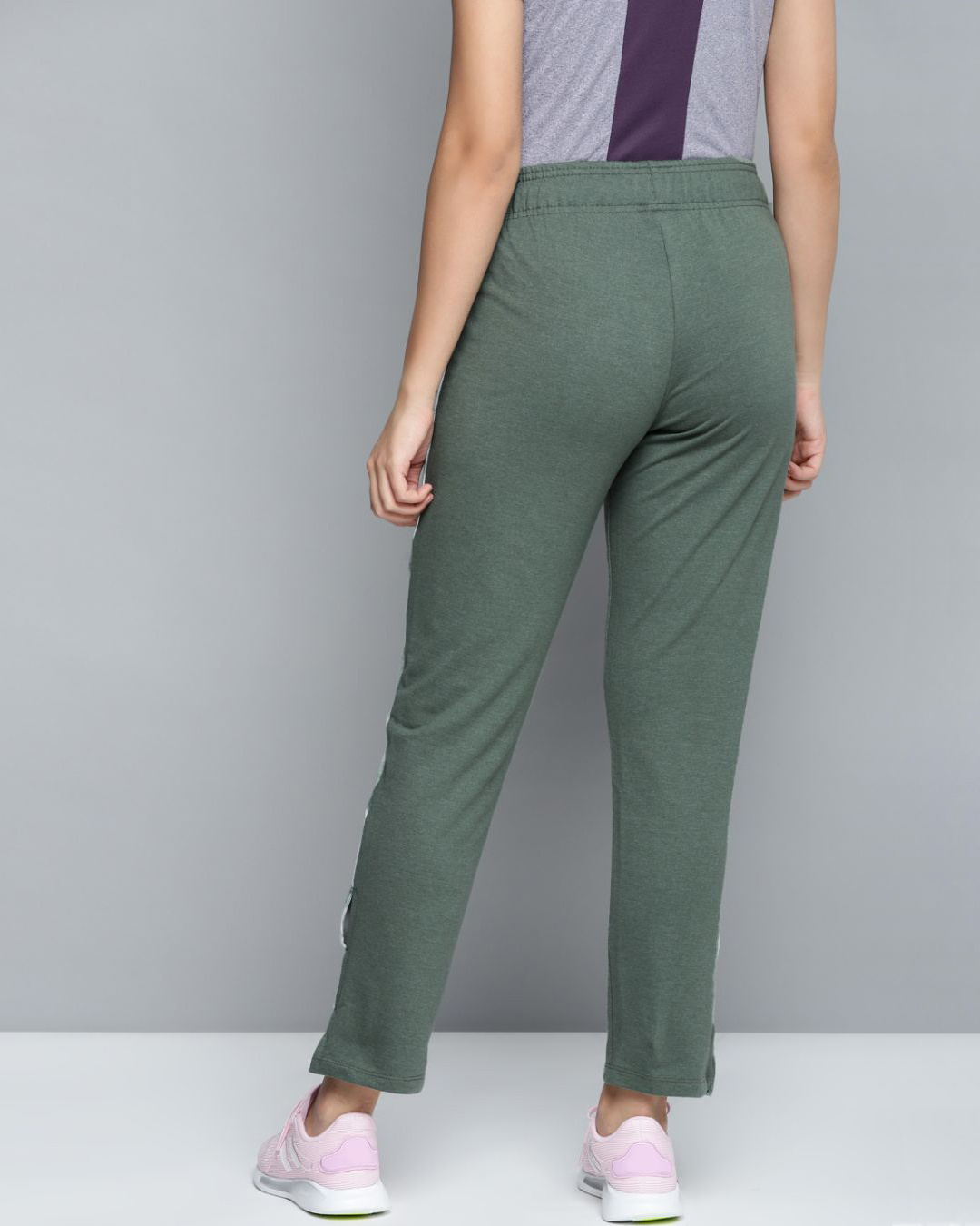 Shop Women Olive Green Solid Slim Fit Track Pants With Side Taping Detail-Back