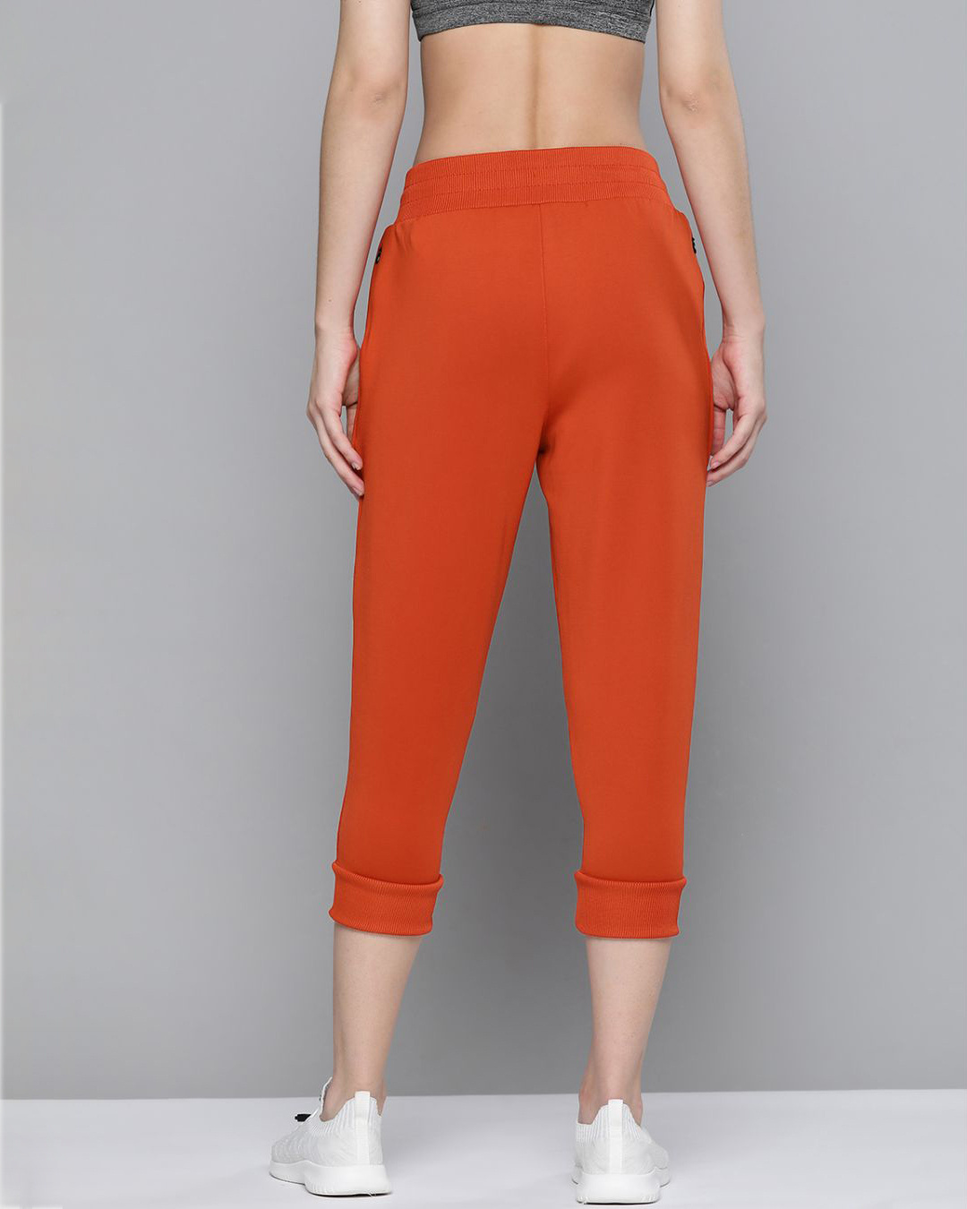 Shop Women Rust Red Solid Knitted Cropped Joggers-Back