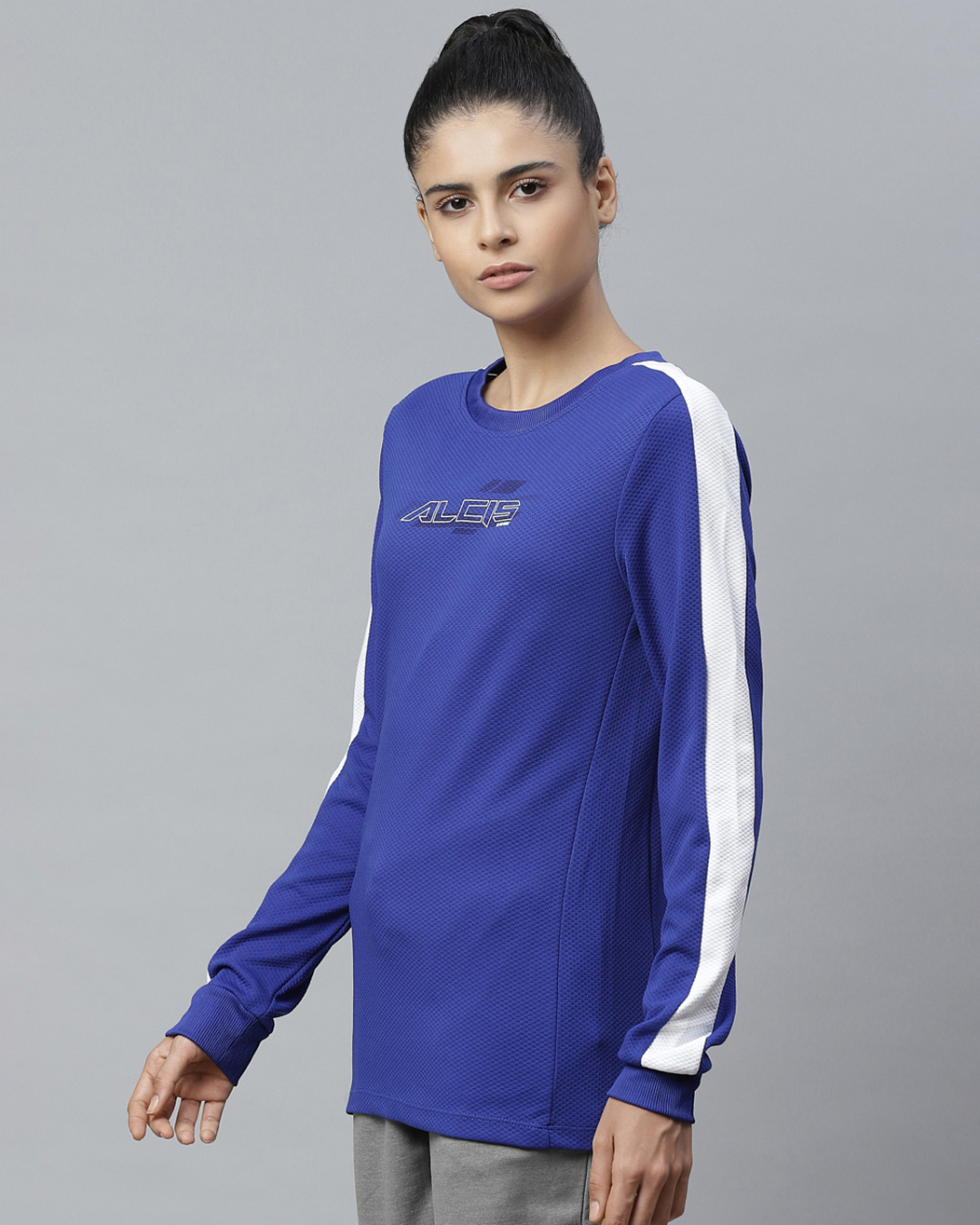 Shop Women's Blue Self Design Slim Fit Sweatshirt-Back