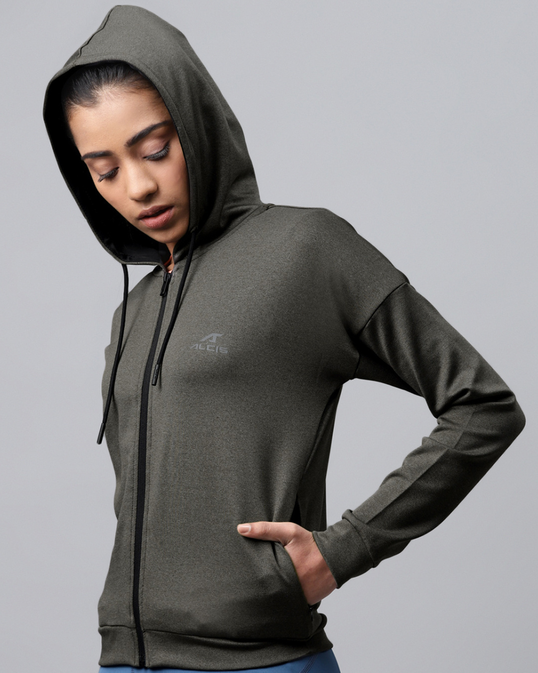 Shop Women's Charcoal Grey Hooded Training Slim Fit Jacket-Back