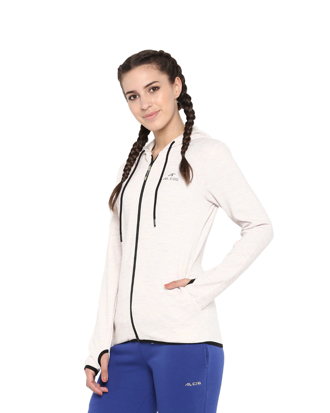 Shop Women's Cream Coloured Ribbed Hooded Sporty Slim Fit Jacket-Back